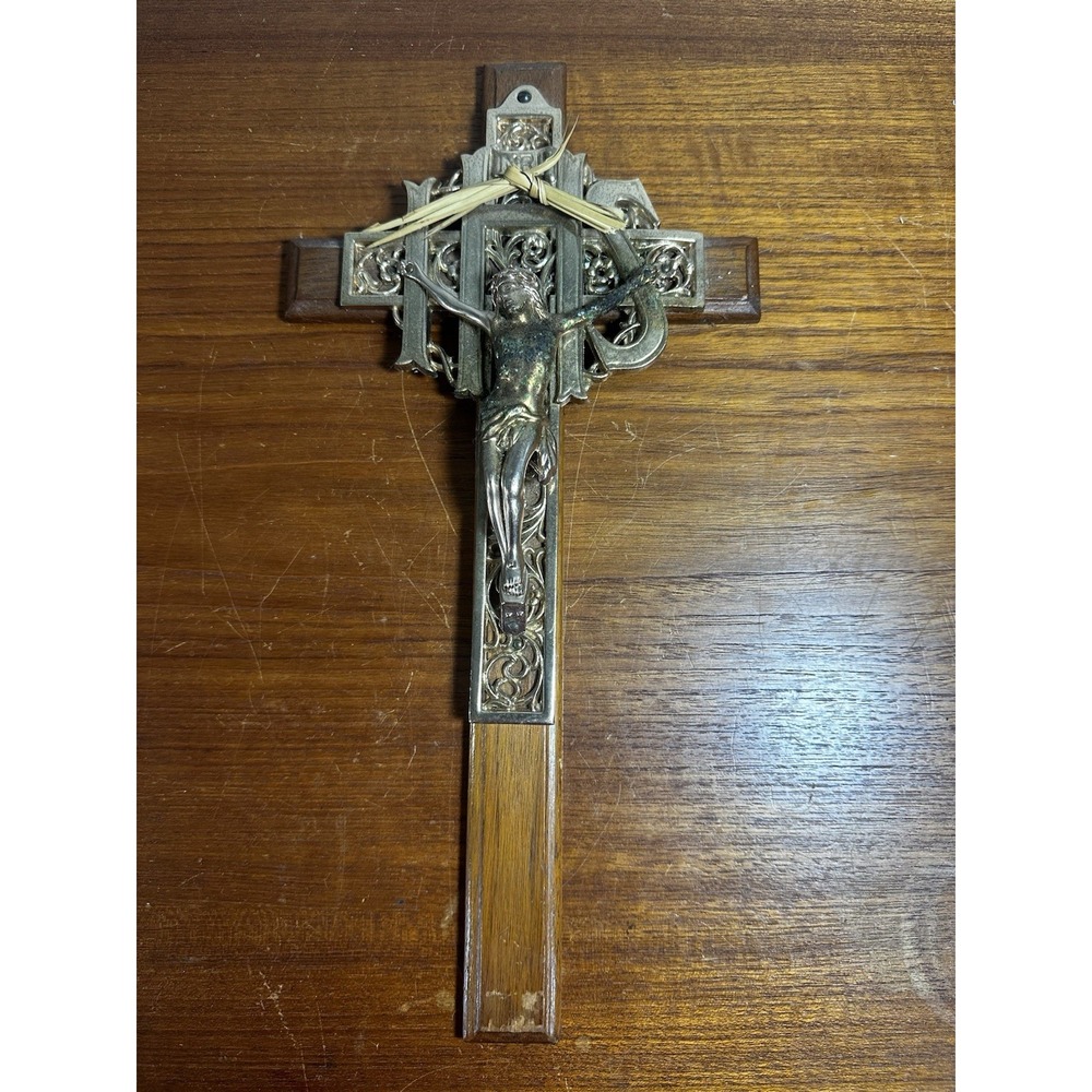 Vintage Wood Metal Wall Crucifix Heavy Ornate IHS Jesus Catholic Cross 14"